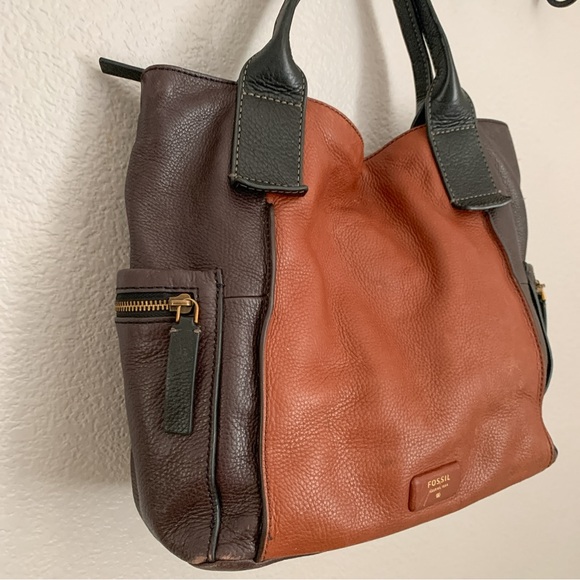 Fossil Brown and Black Soft Leather Satchel Handbag Purse Top Handle 3 Colorway - Picture 4 of 14